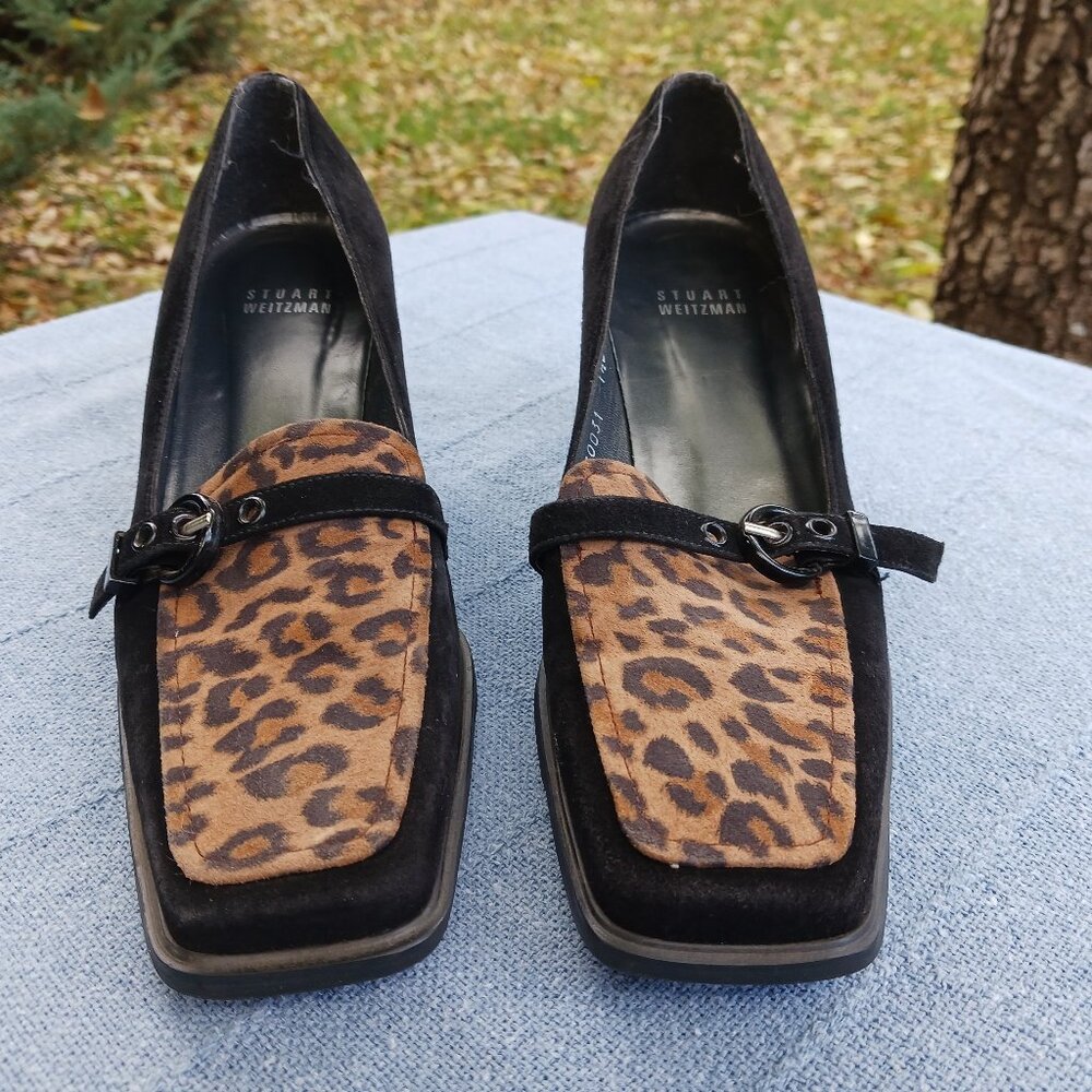 Stuart Weitzman Square Toed Shoes 7 1/2 B Suede/Leather Animal Print + Buckle